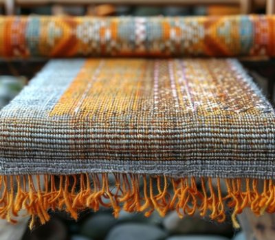 A detailed view of a weaving machine placed on a table, showing intricate patterns being created as threads are woven together. The machinery is meticulously working to produce fabric.